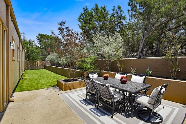 3211 Constitution Dr, Lago Vista, TX 78645 - fenced backyard with a patio area and outdoor dining area