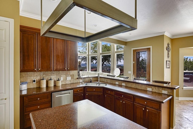 3211 Constitution Dr, Lago Vista, TX 78645 - kitchen with stainless steel dishwasher, a peninsula, crown molding, decorative backsplash, and dark stone countertops