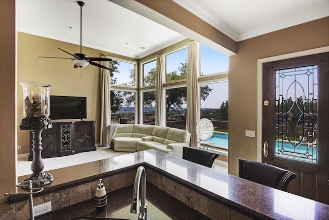 3211 Constitution Dr, Lago Vista, TX 78645 - living area featuring ornamental molding, healthy amount of natural light, and a ceiling fan