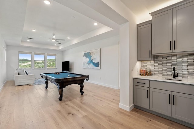 6901 Davenport Divide Rd, Austin, TX 78738 - rec room featuring baseboards, light wood-style flooring, pool table, a tray ceiling, and recessed lighting