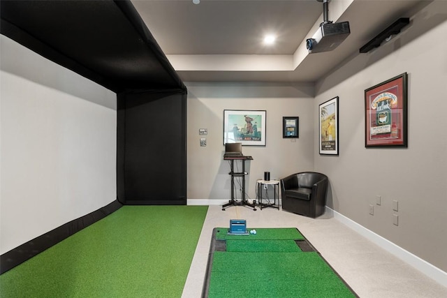 6901 Davenport Divide Rd, Austin, TX 78738 - exercise room featuring golf simulator, baseboards, and carpet