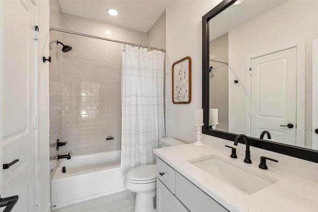 6901 Davenport Divide Rd, Austin, TX 78738 - full bathroom with toilet, shower / bath combo with shower curtain, vanity, and recessed lighting
