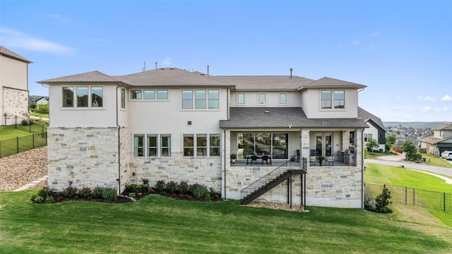 6901 Davenport Divide Rd, Austin, TX 78738 - rear view of house featuring stone siding, stucco siding, stairs, a patio area, and a shingled roof