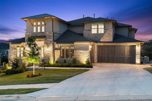 6901 Davenport Divide Rd, Austin, TX 78738 - view of front facade with stone siding, stucco siding, driveway, and a lawn