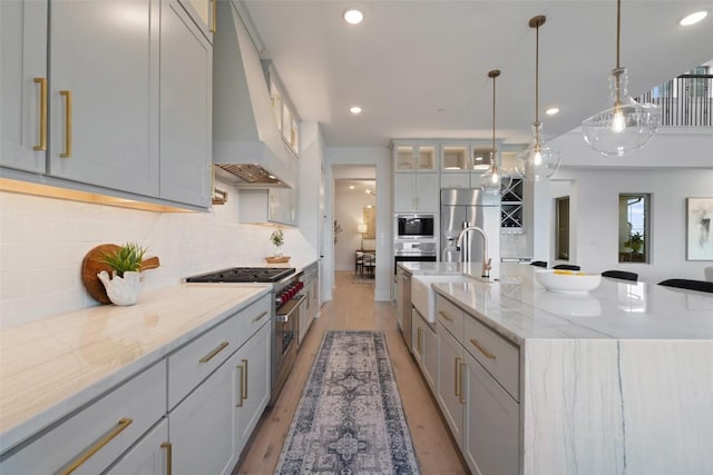 6901 Davenport Divide Rd, Austin, TX 78738 - kitchen featuring stainless steel appliances, custom range hood, a sink, light wood-type flooring, and a spacious island