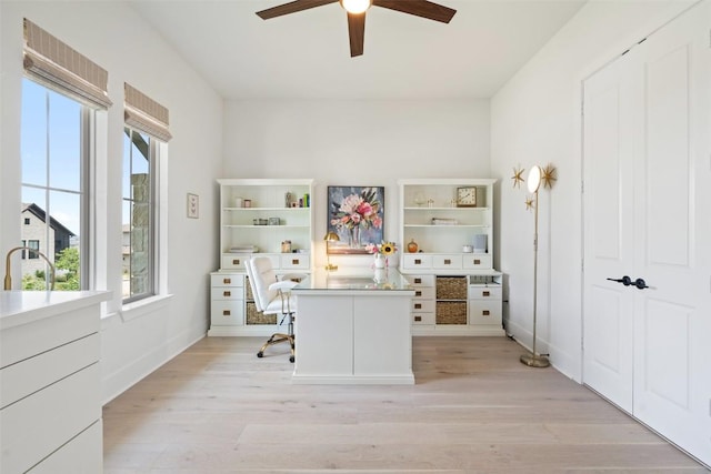 6901 Davenport Divide Rd, Austin, TX 78738 - home office featuring plenty of natural light, ceiling fan, light wood-style flooring, and baseboards