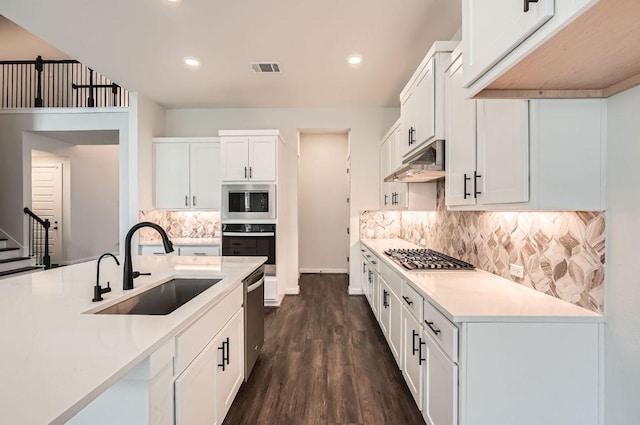 461 Constitution Way, Kyle, TX 78640 - kitchen featuring a sink, stainless steel appliances, under cabinet range hood, white cabinets, and recessed lighting