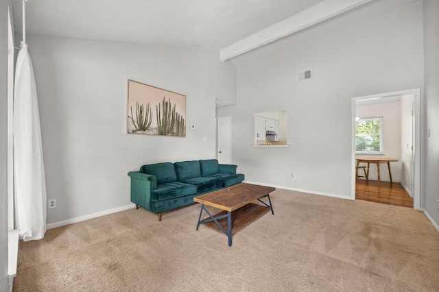 5808 Cedardale Dr, Austin, TX 78745 - living area with carpet floors, beamed ceiling, baseboards, and high vaulted ceiling
