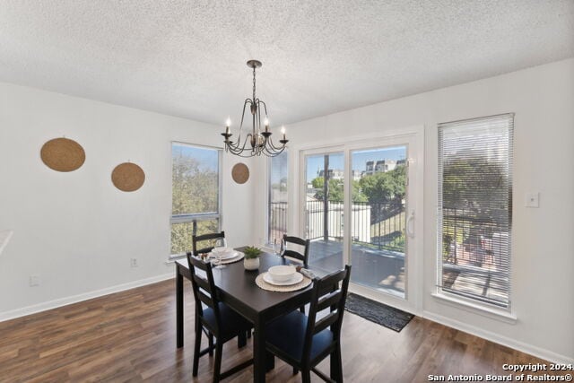 2918 Ranch Road 620th Rd N Unit C122, Austin, TX 78734 - dining area featuring a chandelier, a textured ceiling, dark wood finished floors, and baseboards
