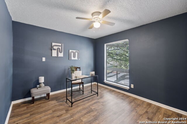 2918 Ranch Road 620th Rd N Unit C122, Austin, TX 78734 - office area featuring a ceiling fan, a textured ceiling, wood finished floors, and baseboards
