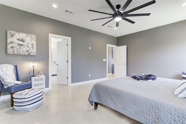 1215 Ridge Harbor Dr, Spicewood, TX 78669 - bedroom featuring finished concrete floors, baseboards, recessed lighting, and ceiling fan