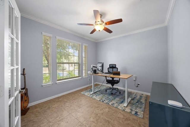 2817 Dusty Chisolm Trl, Pflugerville, TX 78660 - tiled office space featuring ornamental molding, ceiling fan, and baseboards