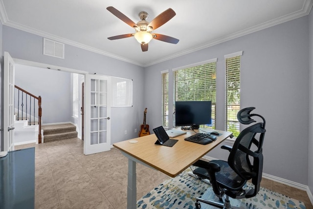 2817 Dusty Chisolm Trl, Pflugerville, TX 78660 - office with french doors, crown molding, a ceiling fan, and baseboards