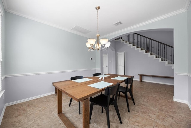 2817 Dusty Chisolm Trl, Pflugerville, TX 78660 - dining space featuring a chandelier, arched walkways, stairway, crown molding, and baseboards