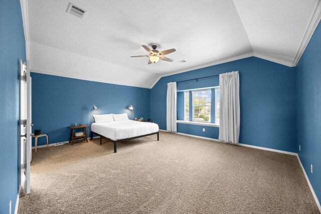2817 Dusty Chisolm Trl, Pflugerville, TX 78660 - carpeted bedroom with vaulted ceiling, baseboards, ornamental molding, and ceiling fan