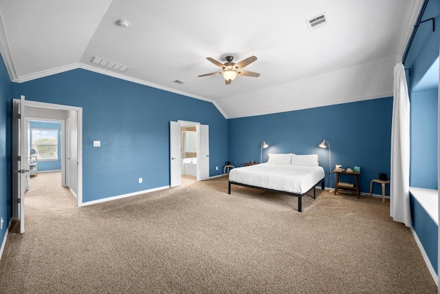 2817 Dusty Chisolm Trl, Pflugerville, TX 78660 - carpeted bedroom featuring vaulted ceiling, baseboards, crown molding, ceiling fan, and ensuite bath