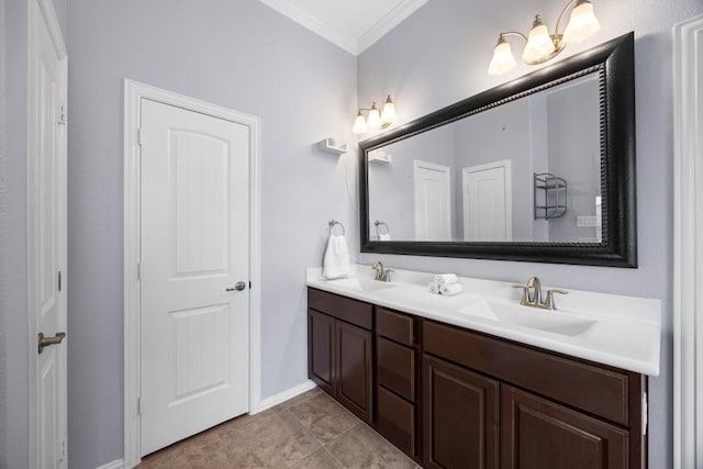 2817 Dusty Chisolm Trl, Pflugerville, TX 78660 - bathroom featuring crown molding, double vanity, and tile patterned floors