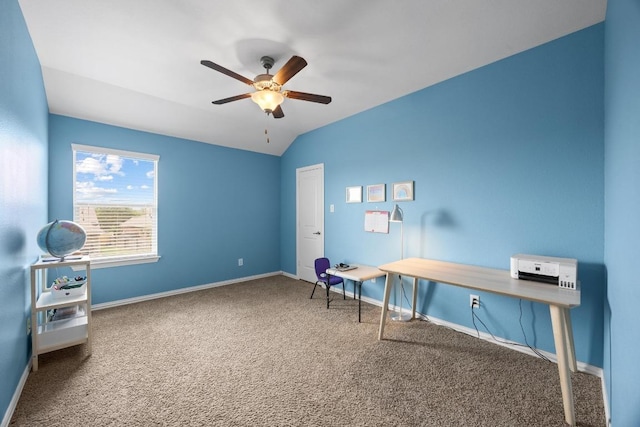 2817 Dusty Chisolm Trl, Pflugerville, TX 78660 - office space with carpet, a ceiling fan, baseboards, and vaulted ceiling