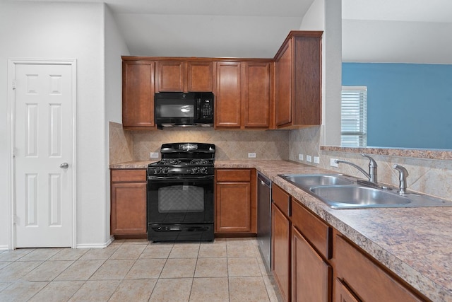 11117 Boundless Valley Dr, Austin, TX 78754 - kitchen featuring black appliances, a sink, backsplash, and brown cabinets