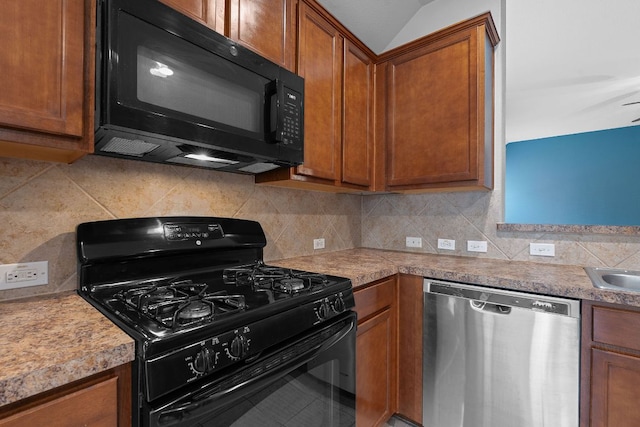 11117 Boundless Valley Dr, Austin, TX 78754 - kitchen with black appliances, brown cabinets, tasteful backsplash, and light countertops
