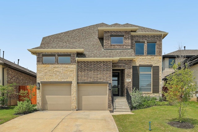 125 Bauer Loop, Liberty Hill, TX 78642 - view of front of house featuring concrete driveway, an attached garage, brick siding, a shingled roof, and a front lawn