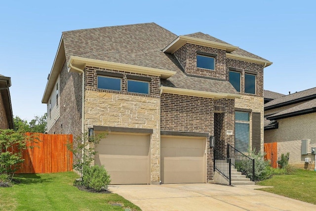 125 Bauer Loop, Liberty Hill, TX 78642 - view of front of home with a garage, driveway, stone siding, a shingled roof, and brick siding