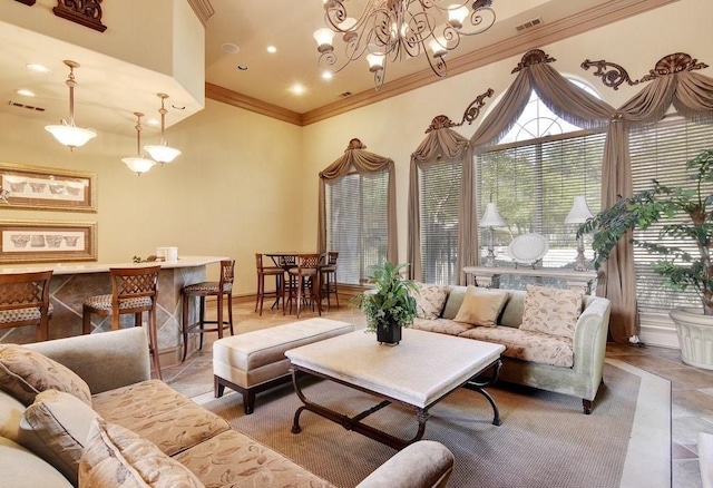 11203 Ranch Road 2222nd Rd Unit 901, Austin, TX 78730 - living room with crown molding and a chandelier
