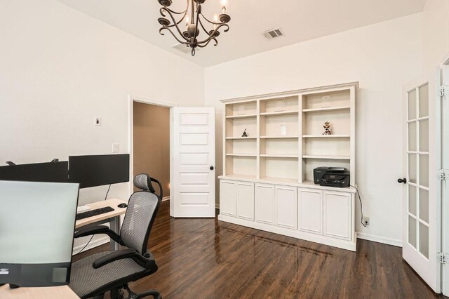 134 Sassafras St, Hutto, TX 78634 - office area with a chandelier, dark wood finished floors, and baseboards