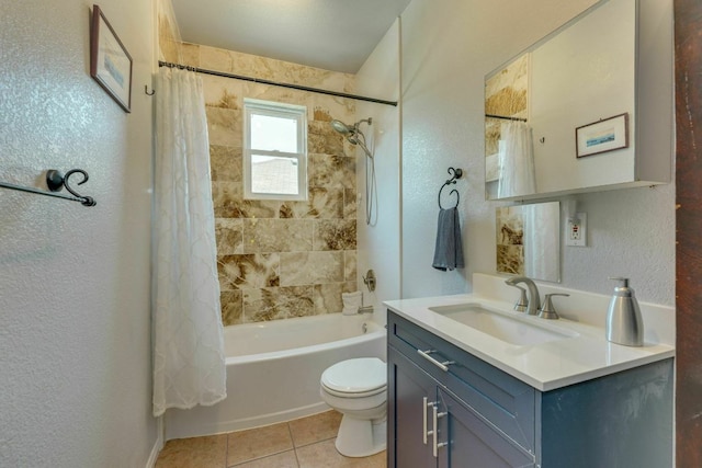 1125 Byers Ln, Austin, TX 78753 - full bathroom with vanity, toilet, shower / bathtub combination with curtain, tile patterned floors, and a textured wall