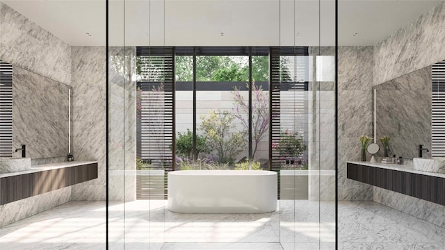 6507 Bridge Point Pkwy Lot 7, Austin, TX 78730 - bathroom with tile walls, a soaking tub, and vanity
