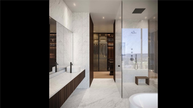 6507 Bridge Point Pkwy Lot 7, Austin, TX 78730 - bathroom featuring a walk in shower, a freestanding bath, and marble finish flooring