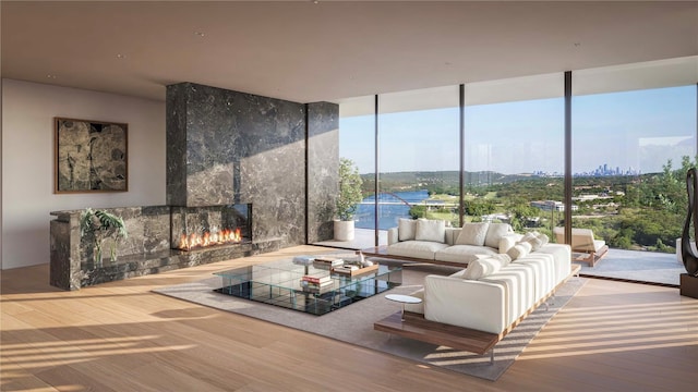 6507 Bridge Point Pkwy Lot 7, Austin, TX 78730 - living area with expansive windows, wood finished floors, and a large fireplace