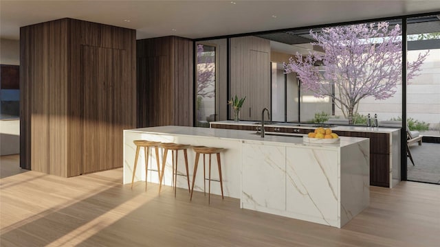6507 Bridge Point Pkwy Lot 7, Austin, TX 78730 - kitchen featuring modern cabinets, a sink, light wood-style flooring, a wall of windows, and a large island with sink