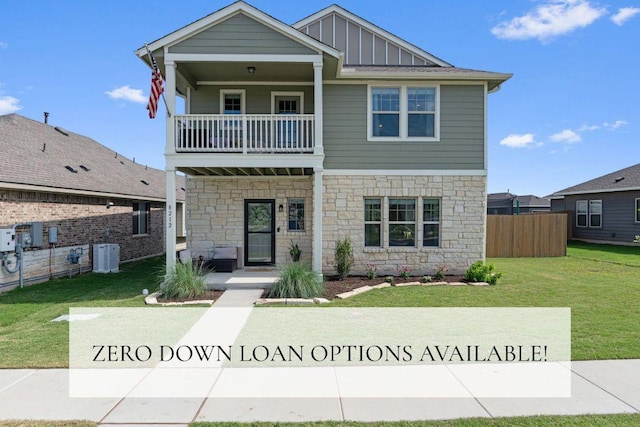 8212 Daisy Cutter Xing, Georgetown, TX 78626 - view of front facade with a balcony, stone siding, board and batten siding, cooling unit, and a porch