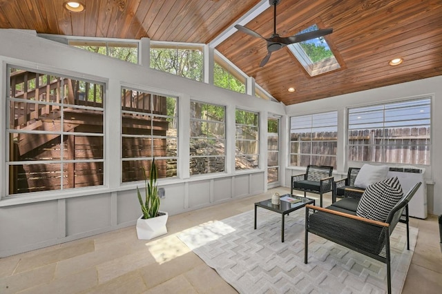12214 Scribe Dr, Austin, TX 78759 - sunroom with wood ceiling, a ceiling fan, a skylight, recessed lighting, and high vaulted ceiling