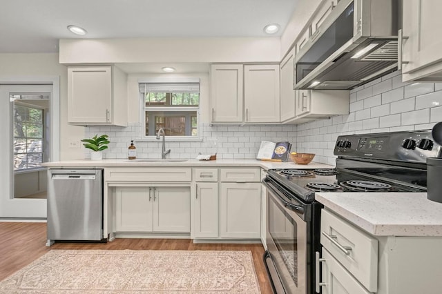 12214 Scribe Dr, Austin, TX 78759 - kitchen with appliances with stainless steel finishes, a sink, extractor fan, light wood-style floors, and plenty of natural light