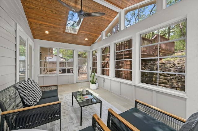 12214 Scribe Dr, Austin, TX 78759 - sunroom / solarium with lofted ceiling, an outdoor living space, ceiling fan, healthy amount of natural light, and a skylight