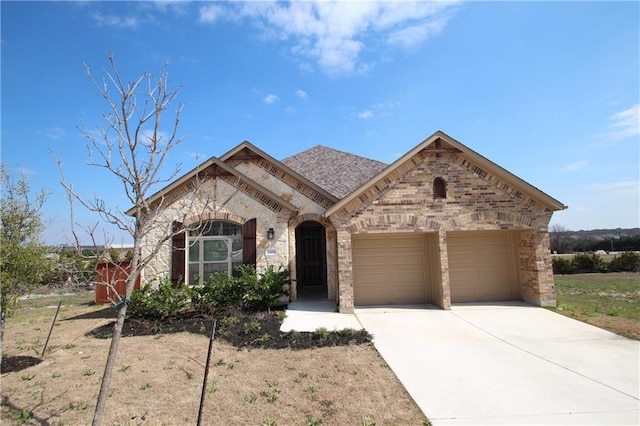 2204 Cabrillo Path, Leander, TX 78641 - french country inspired facade with a garage, brick siding, driveway, and roof with shingles