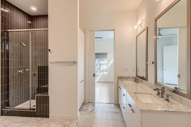 207 W Johanna Unit 108, Austin, TX 78704 - full bath featuring marble look tiles, a stall shower, double vanity, and recessed lighting