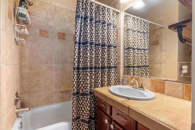 4013 Harvey Penick Dr, Round Rock, TX 78664 - full bathroom with shower / bath combination with curtain, vanity, and tasteful backsplash