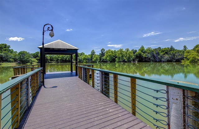 2917 Feathercrest Dr, Austin, TX 78728 - dock area with a gazebo, a water view, and view of scattered trees