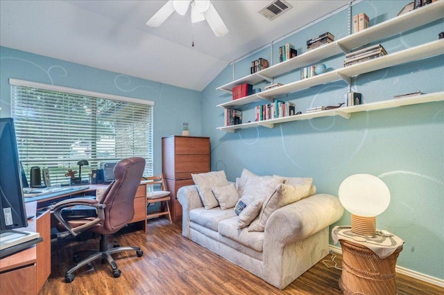 15115 Staked Plains Loop, Austin, TX 78717 - office space featuring wood finished floors, ceiling fan, and vaulted ceiling