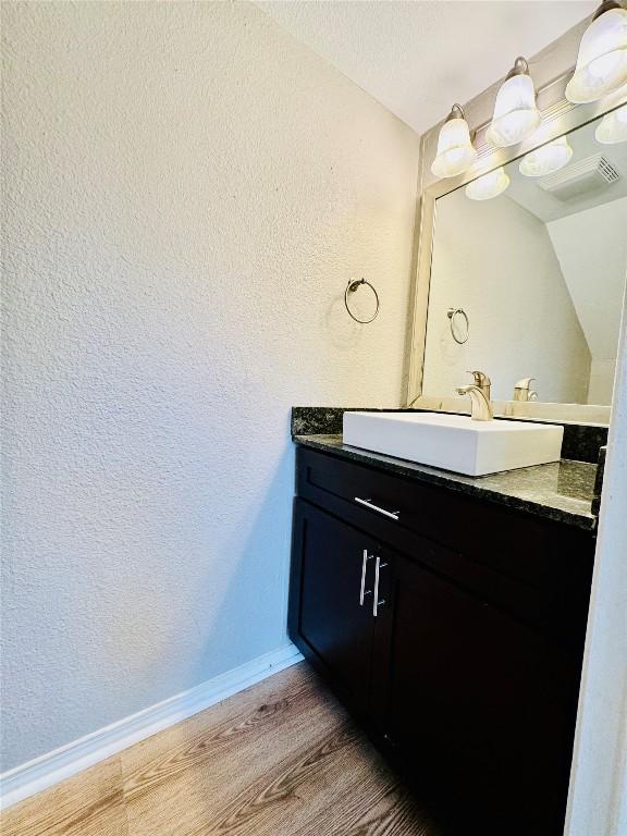 1320 Southport Dr, Austin, TX 78704 - bathroom with vanity, wood finished floors, baseboards, a textured wall, and vaulted ceiling