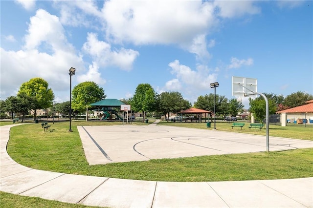 8912 Norwich Castle, Austin, TX 78747 - view of basketball court with a gazebo, a lawn, and community basketball court