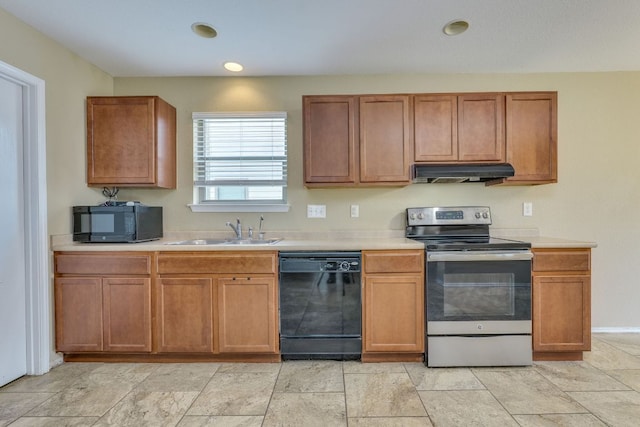 8912 Norwich Castle, Austin, TX 78747 - kitchen featuring black appliances, under cabinet range hood, light countertops, brown cabinetry, and recessed lighting