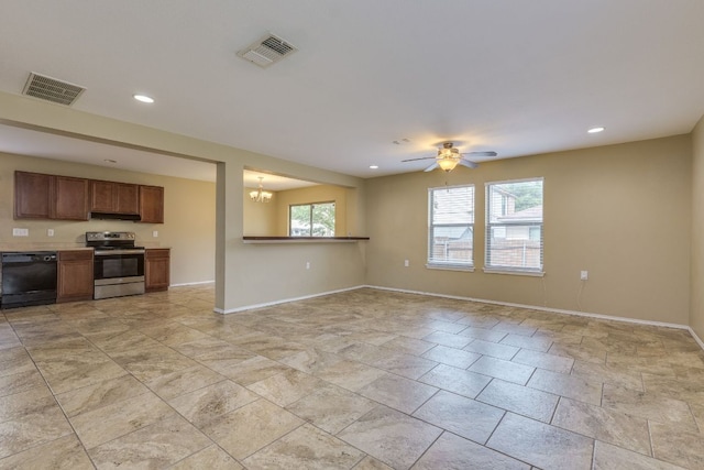 8912 Norwich Castle, Austin, TX 78747 - unfurnished living room with baseboards, a chandelier, a ceiling fan, and recessed lighting