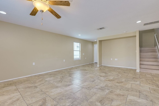 8912 Norwich Castle, Austin, TX 78747 - spare room featuring stairway, baseboards, recessed lighting, ceiling fan, and light stone finish flooring
