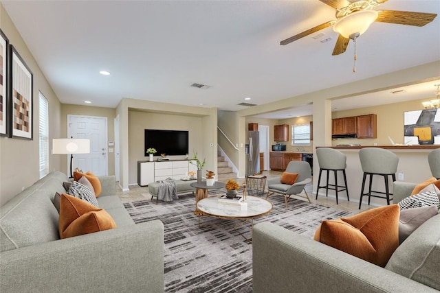 8912 Norwich Castle, Austin, TX 78747 - living area featuring stairway, recessed lighting, and a ceiling fan