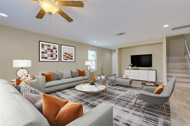 8912 Norwich Castle, Austin, TX 78747 - living area featuring stairway, recessed lighting, and a ceiling fan