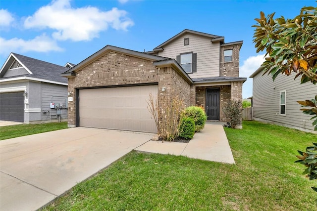 2038 Wind Chime Way, New Braunfels, TX 78130 - view of front of property with brick siding, an attached garage, concrete driveway, and a front yard